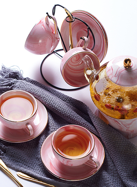 ins北欧简约花茶杯套装粉红灰色咖啡杯泡煮水果茶下午茶茶壶 水杯