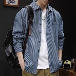 春秋季牛仔水洗条纹长袖衬衫男日系潮牌休闲cityboy蓝色衬衣外套