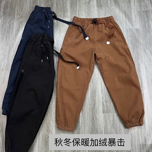 高端束脚裤男款工装裤松紧腰带束脚休闲裤冬季保暖加绒宽松哈伦裤