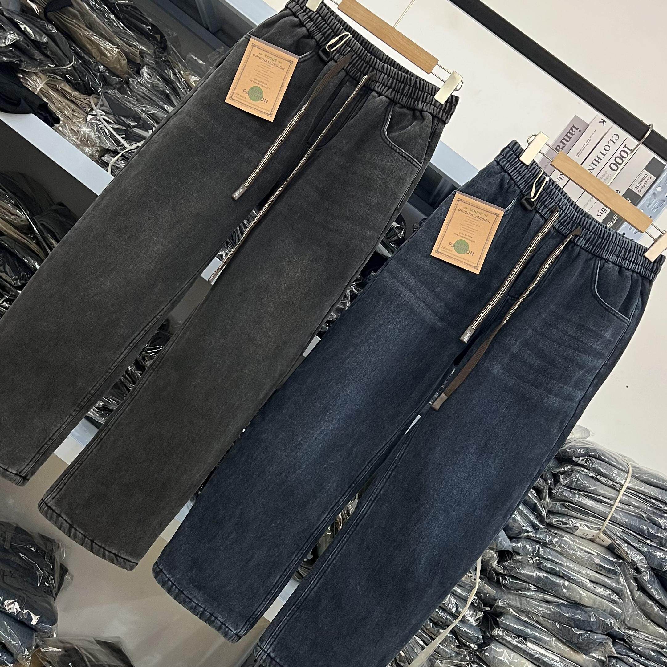 冬季加绒加厚牛仔裤男日系复古防风保暖松紧带宽松百搭直筒裤长裤