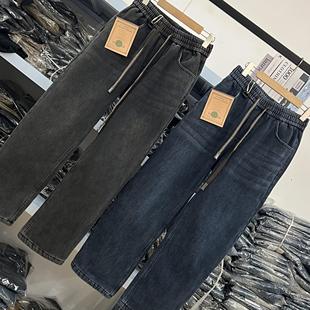 长裤 男日系复古防风保暖松紧带宽松百搭直筒裤 加绒加厚牛仔裤 冬季