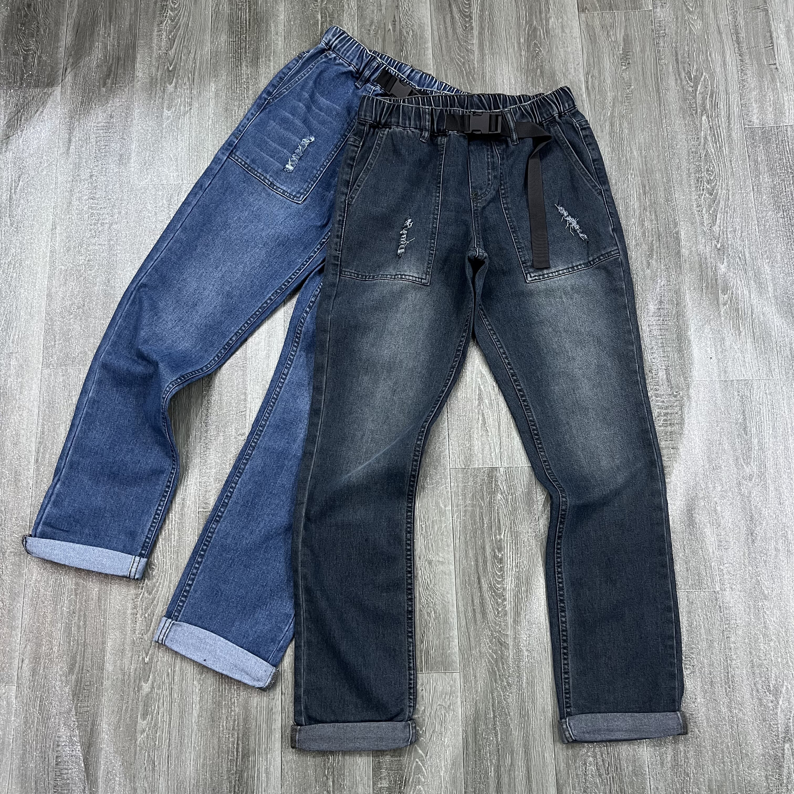 走欧美外贸单男士松紧腰卡扣牛仔裤磨破口袋做旧长裤百搭弹力裤潮