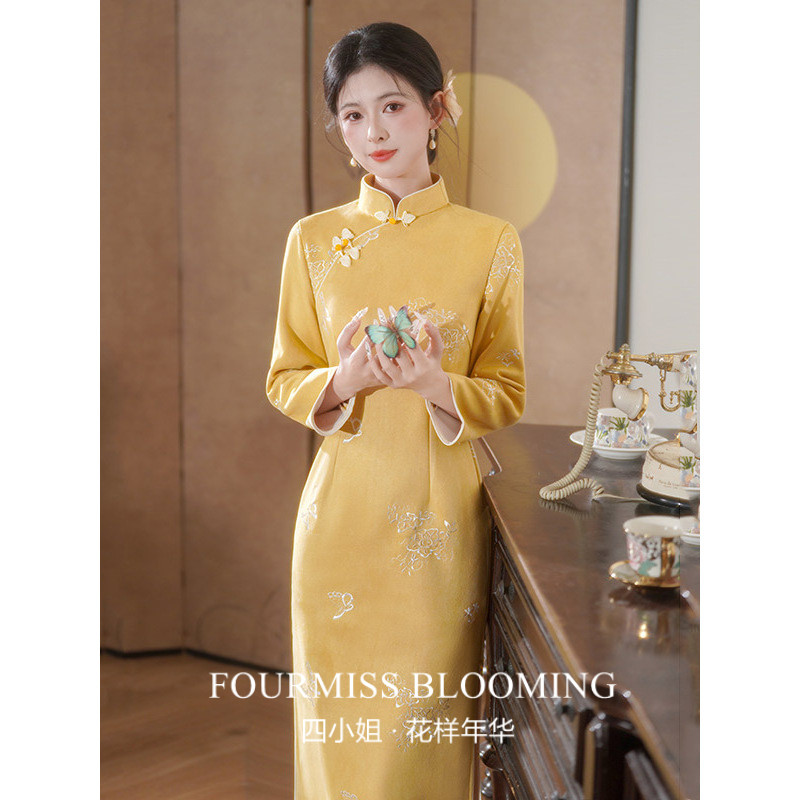 【花样年华】国风旗袍|黄色中式春季长袖改良年轻复古修身连衣裙