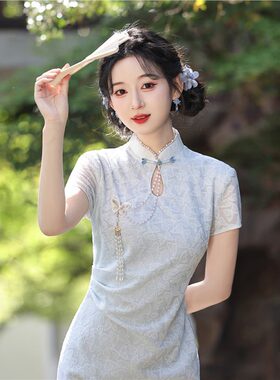 【花样年华】国风旗袍|新中式改良女2026新款蓝色水滴领连衣裙