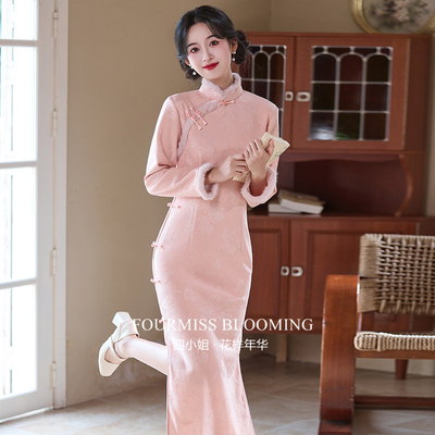 粉色加绒新中式女冬装