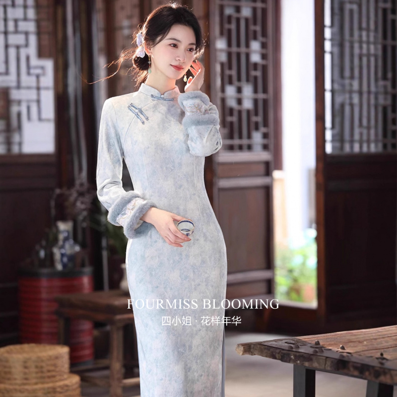 新中式蓝色长袖加绒显瘦