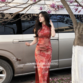 花样年华 国风旗袍 春夏红色印花改良无袖 显白双层修身 连衣裙