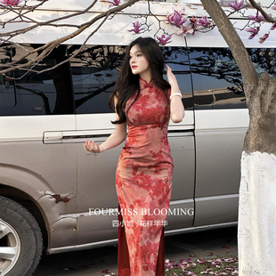 【花样年华】国风旗袍|春夏红色印花改良无袖显白双层修身连衣裙
