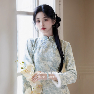 【花样年华】国风旗袍|蓝色绝美冬季款清新修身显瘦中长款连衣裙