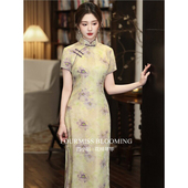 夏淡黄色花色长裙气质修身 新中式 国风旗袍 连衣裙 花样年华