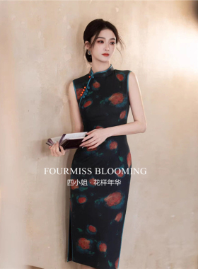 【花样年华】国风旗袍|黑色无袖复古油画花卉印花文艺修身连衣裙