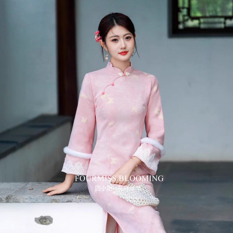 新中式粉色麂皮绒长裙