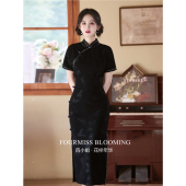 花样年华 显瘦气质连衣裙修身 国风旗袍 斜襟短袖 显瘦 黑色长款