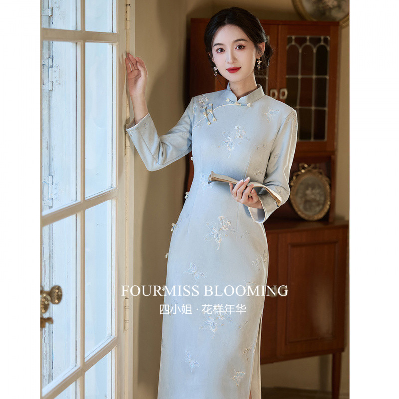 【花样年华】国风旗袍|复古改良刺绣春季长袖素雅小个子连衣裙