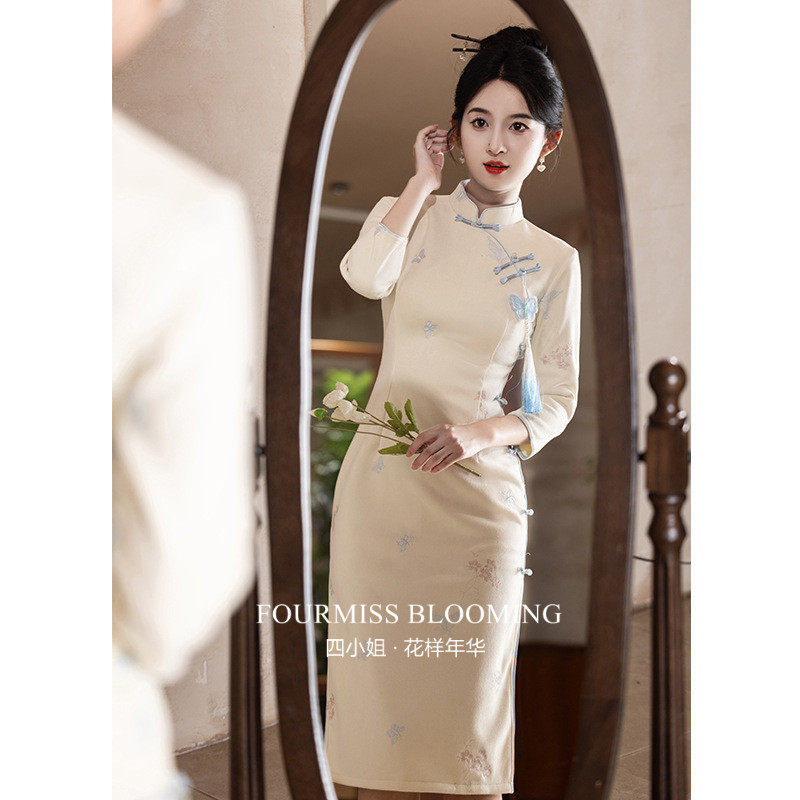 【花样年华】国风旗袍|秋长袖连衣裙黄色复古气质高端小个子刺绣