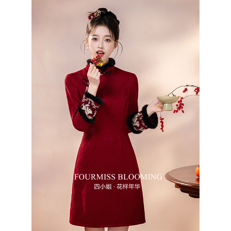 【花样年华】国风旗袍|红色女新中式加绒加厚小个子长袖连衣裙冬