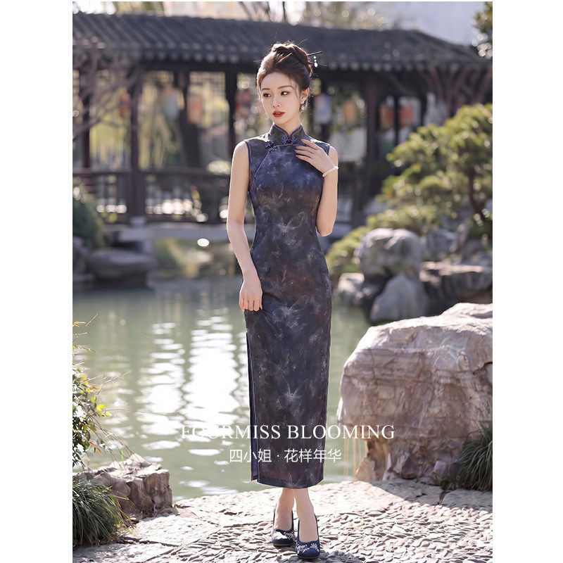 老上海改良女夏深蓝印花连衣裙