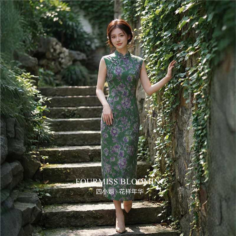 【花样年华】国风旗袍|绿色网纱印花夏长版女2026夏少女无袖洋装