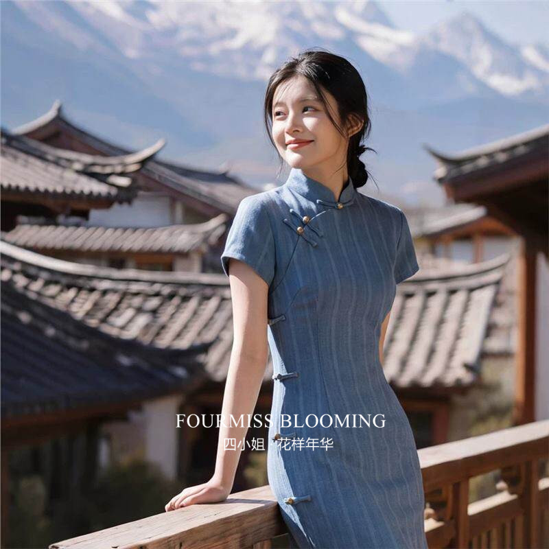 蓝色改良提花夏装女款