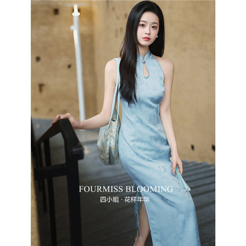 【花样年华】国风旗袍|浅蓝色挂脖长优雅显瘦通勤宴会连衣裙气质