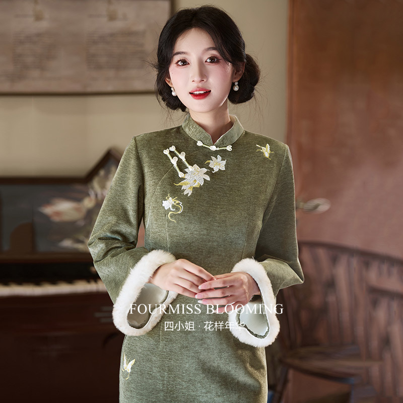 绿色加绒新中式女冬装