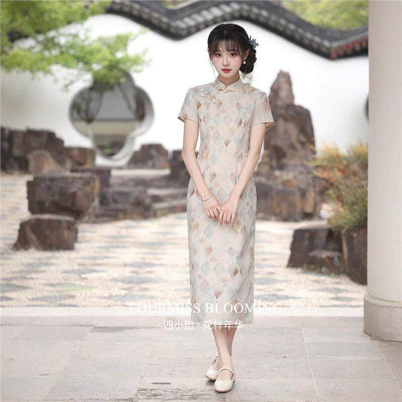 2026新中式菱格提花短袖连衣
