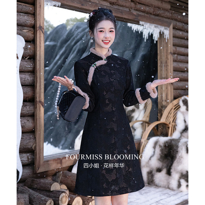 黑色新中式加绒短裙2025冬