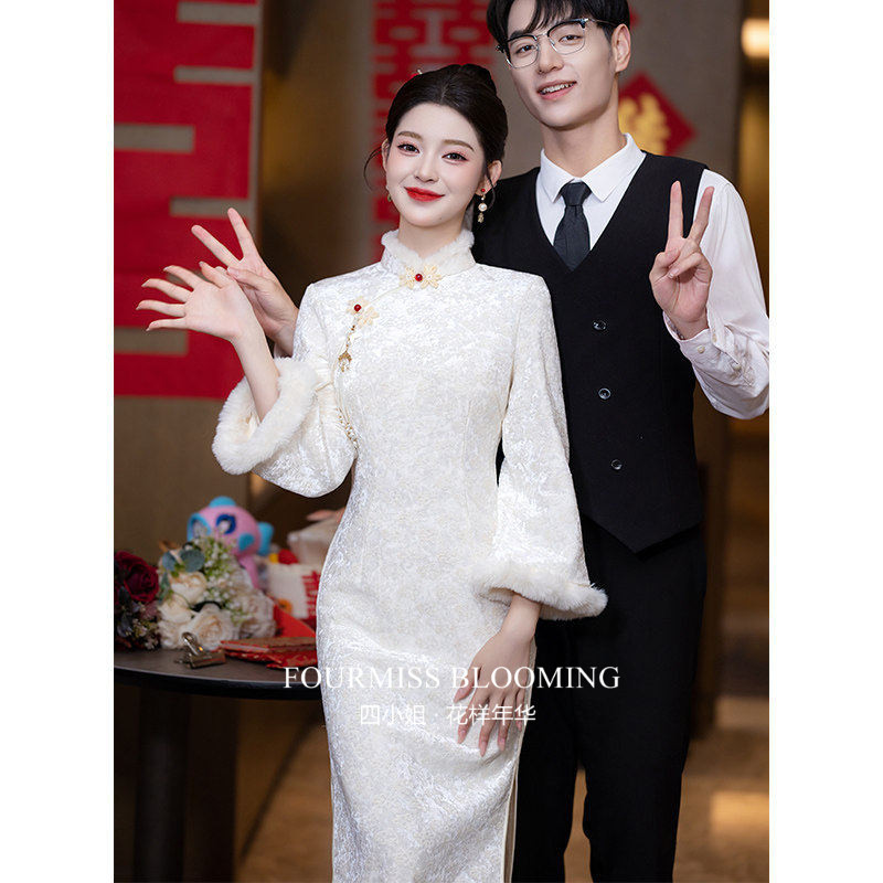 【花样年华】国风旗袍|白色订婚领证登记礼服中式小白裙秋冬长袖,女装/女士精品,旗袍,淘宝优惠券,粉丝福利购,淘宝优惠卷