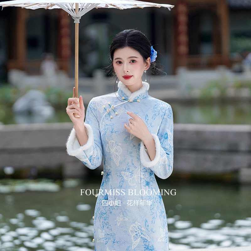 蓝色秋冬小个子新中式旗袍