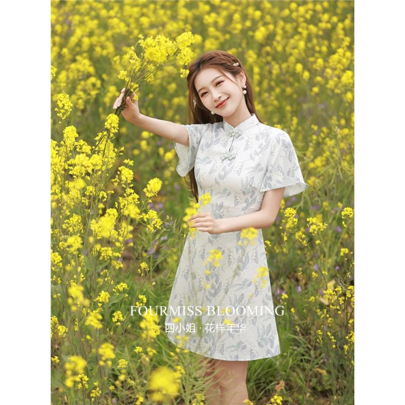 【花样年华】国风旗袍|年轻灰蓝色小个子气质短款修身显瘦连衣裙