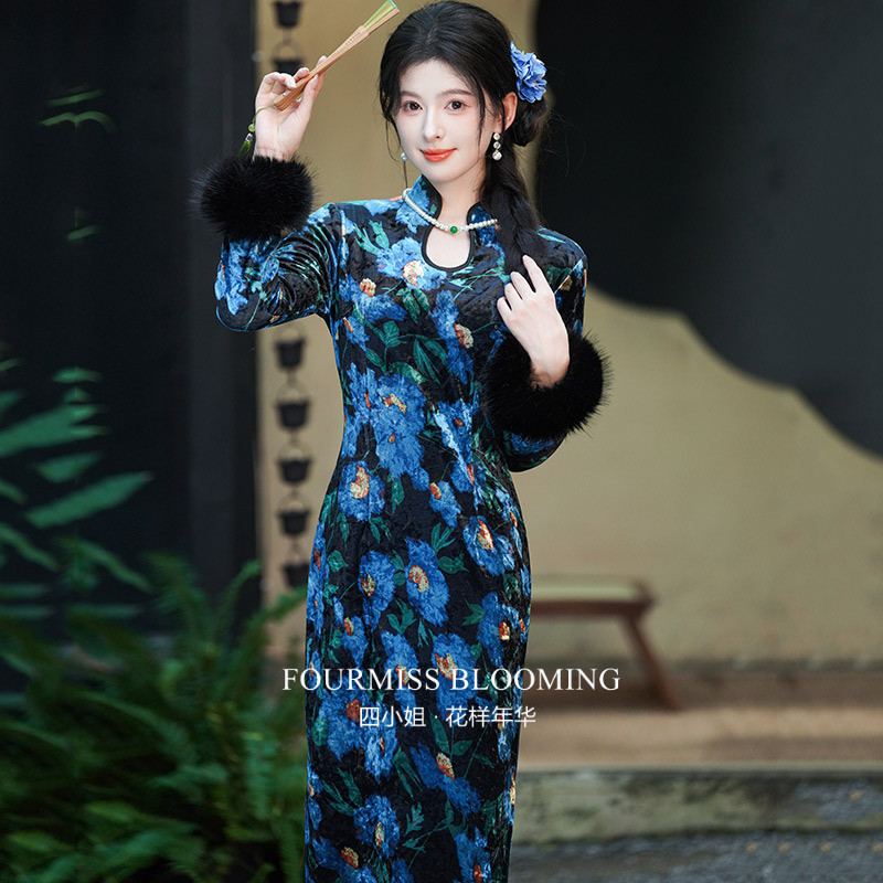 蓝花加绒冬装长款女2025