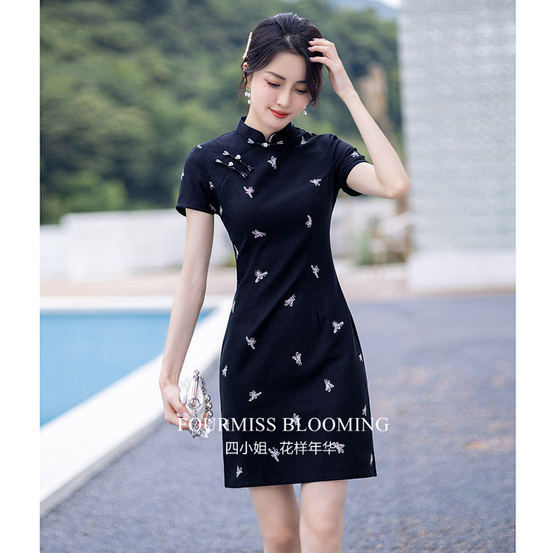 【花样年华】国风旗袍|小个子夏季2026黑色短袖少女改良低领短款