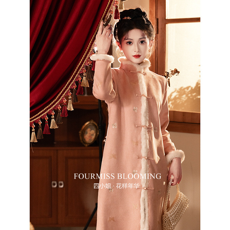 粉色加绒麂皮绒大衣外套