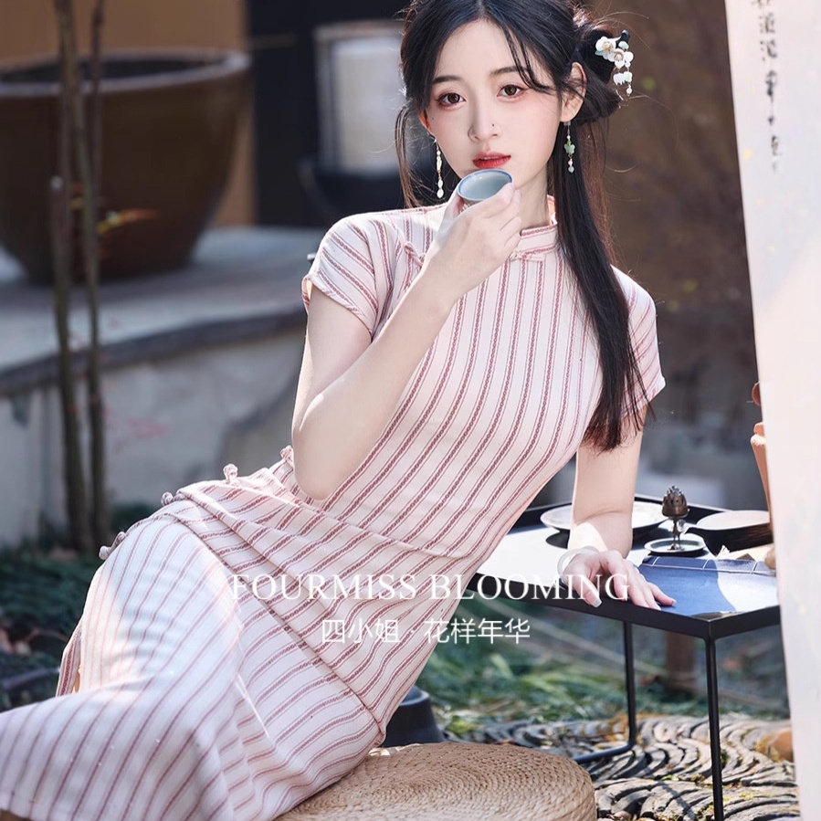 【花样年华】国风旗袍|新中式红色条纹连袖改良日常可穿连衣裙夏