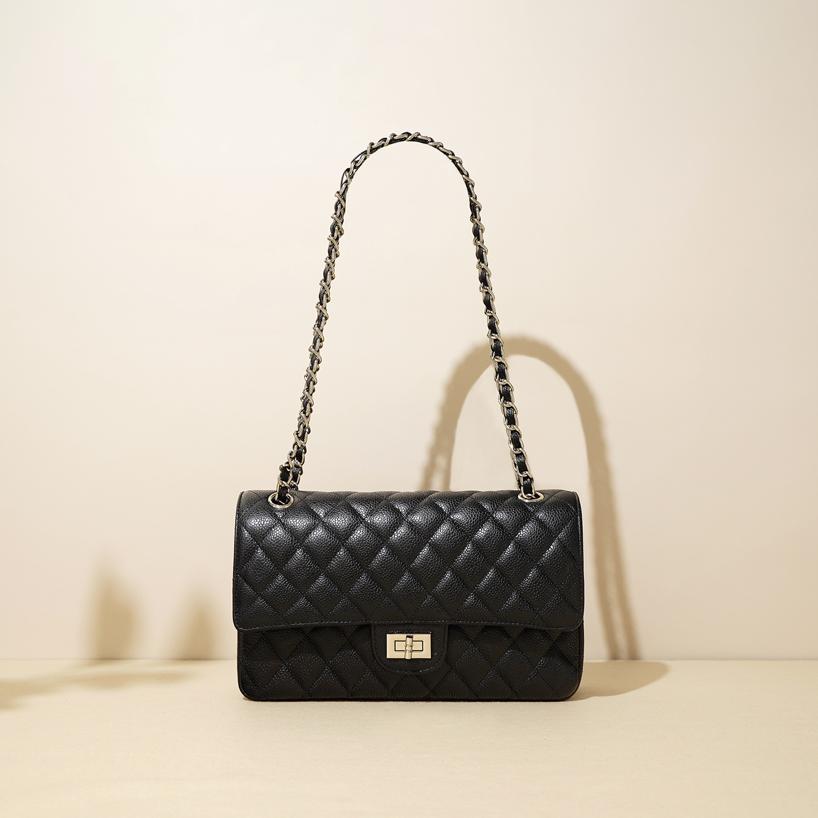 真皮鱼子酱菱格链条包头层牛皮链条小香风单肩斜挎小方包2024新款