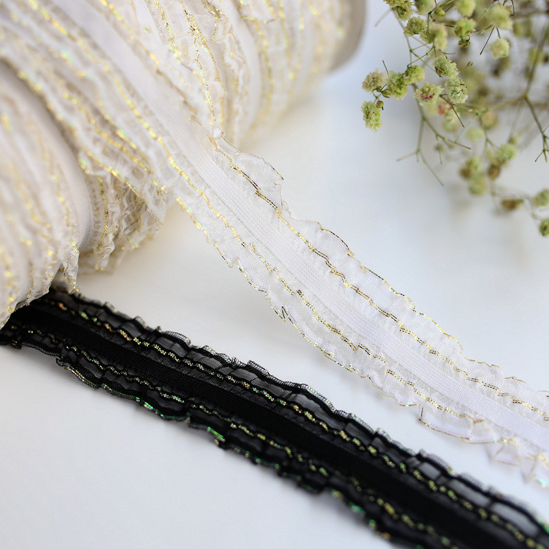 25mm黑白金丝荷叶木耳弹力蕾丝花边松紧带diy袖口娃衣洛丽塔辅料