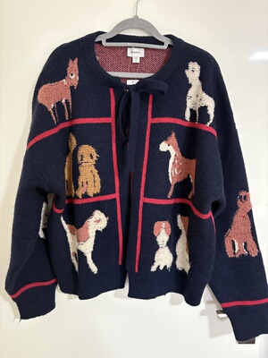 2026新款美国人类学费尔岛宽松新年风狗狗卡通针织加厚毛衣开衫女