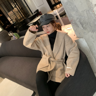 韩国复古格子卡其千鸟格毛呢外套女带帽睡袍款系带呢子显瘦大衣冬