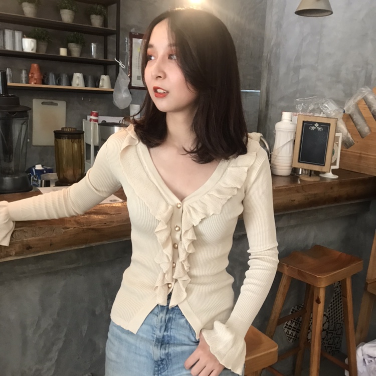韩版韩国东大门ins女团米色荷叶边修身冰丝针织性感V领开衫上衣