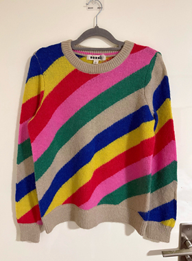 2025秋冬圣诞风彩虹条纹彩色圆领套头针织毛衣女宽松慵懒上衣