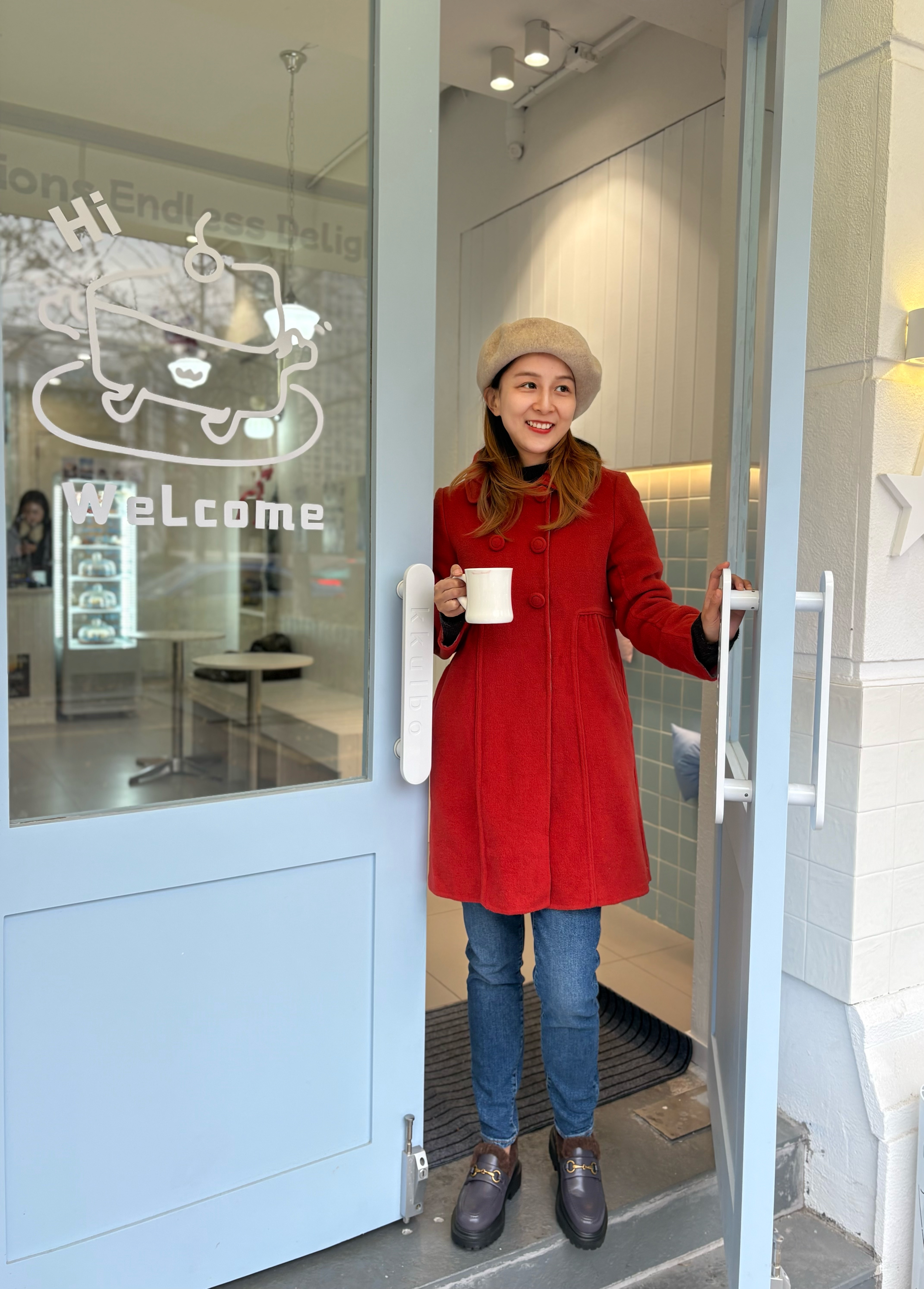 2025冬橘红色娃娃衫款甜美羊毛柔软中长款翻领新年红呢大衣外套女