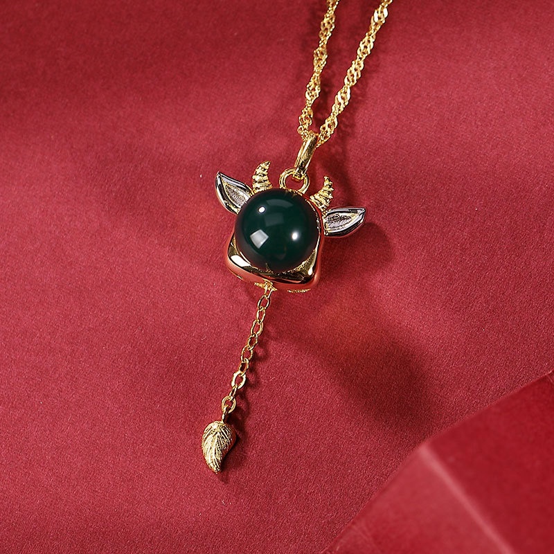 锦河畔 s925纯银镀金天然墨西哥蓝珀小牛套链复古生肖牛吊坠