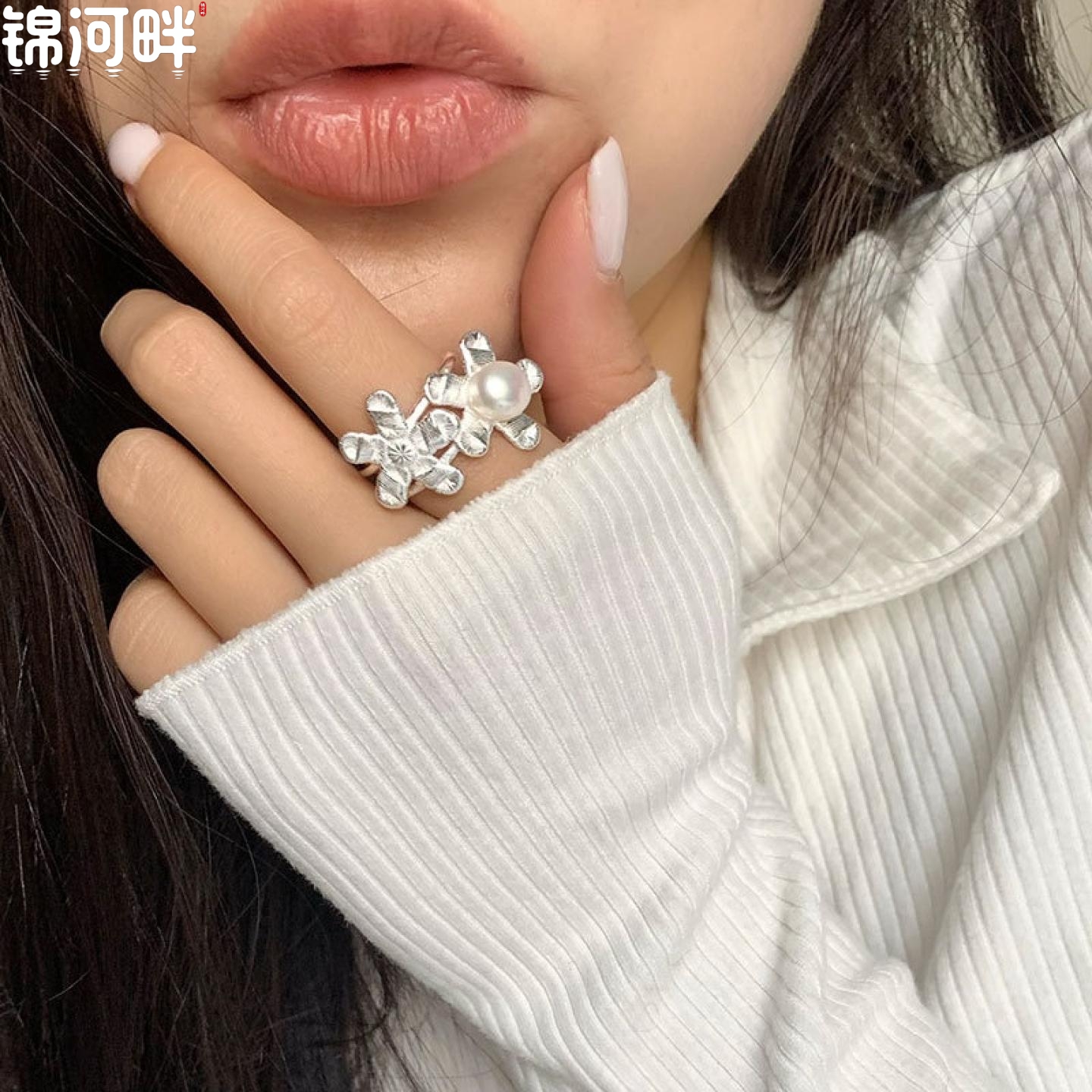 锦河畔 925纯银珍珠花朵双层戒指简约温婉气质个性小花开口设计高