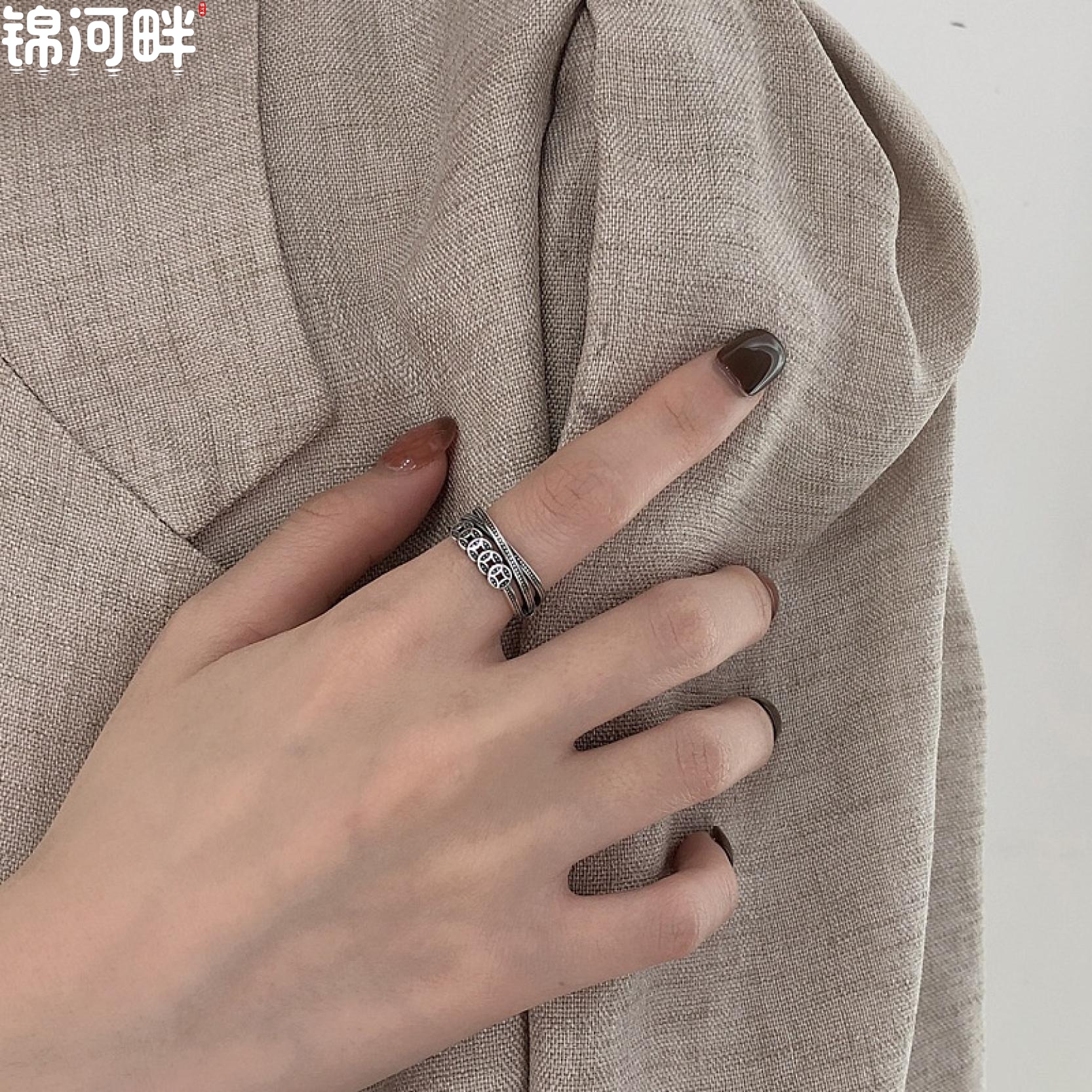 锦河畔 s925纯银铜钱戒指复古做旧民族风多层缠绕指环食指