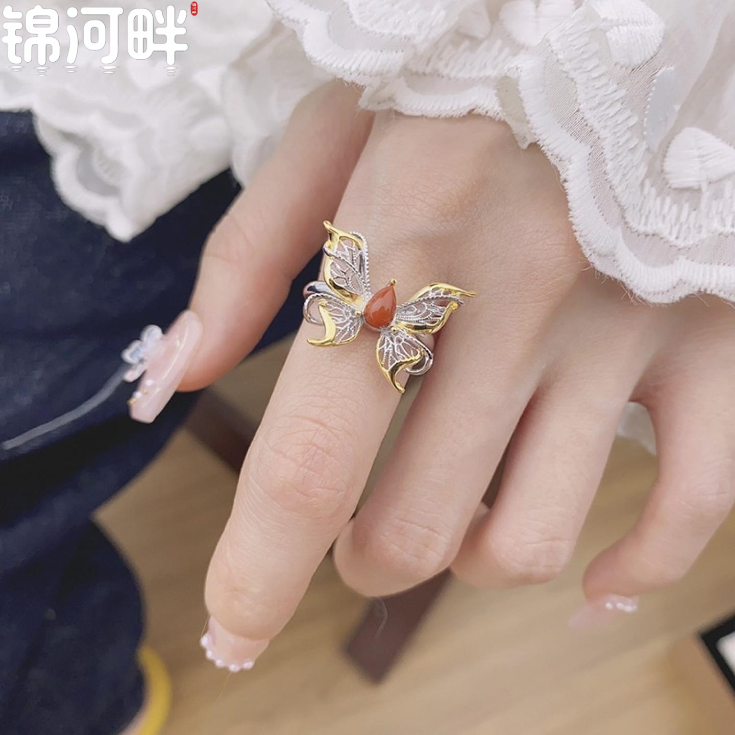 轻奢s925纯银创意个性夸张蝴蝶造型镶嵌南红戒指百搭开口指环女