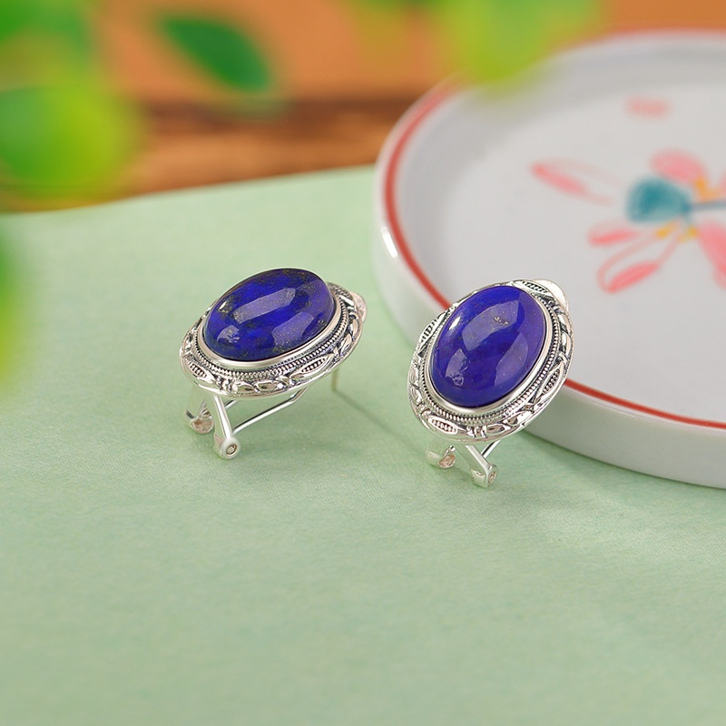 锦河畔 s925纯银青金石复古做旧花纹蛋面耳钉气质简约百搭耳夹