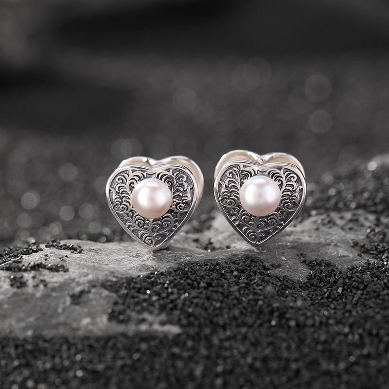 锦河畔 s925纯银淡水珍珠复古做旧唐草纹爱心圆珠耳夹气质百搭
