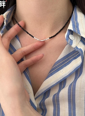 锦河畔 925纯银不规则碎银子黑色晶石项链女简约手工穿制水晶高级