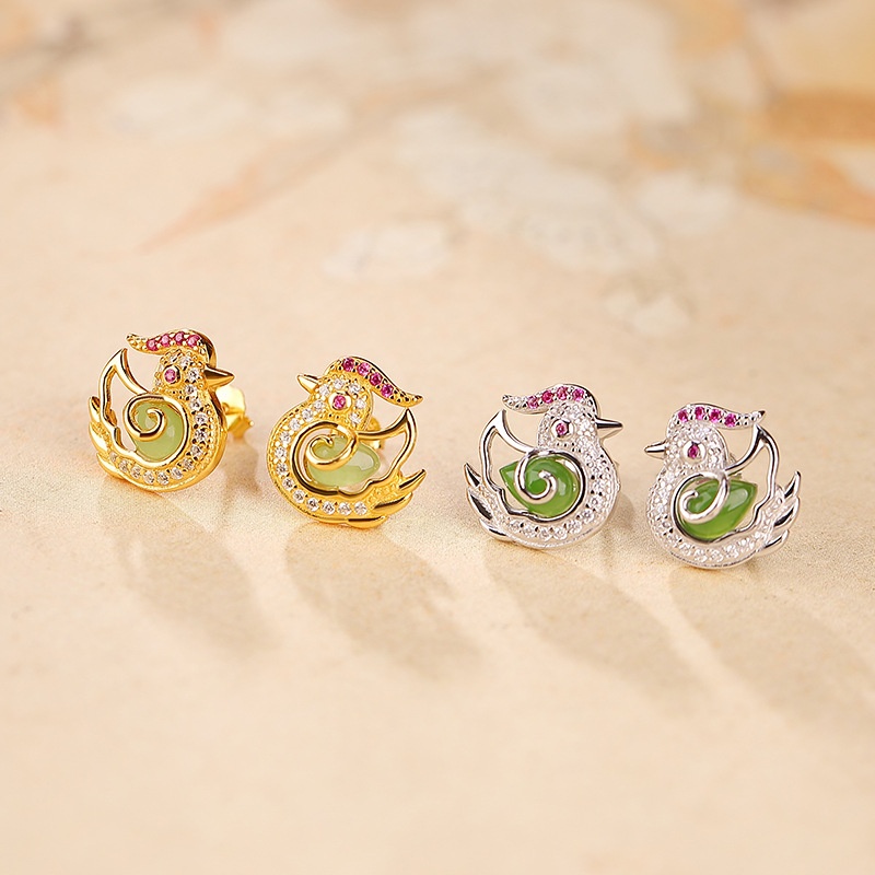 锦河畔 s925纯银镀金和田玉碧玉复古气质鸳鸯耳钉个性吉祥鸟银耳