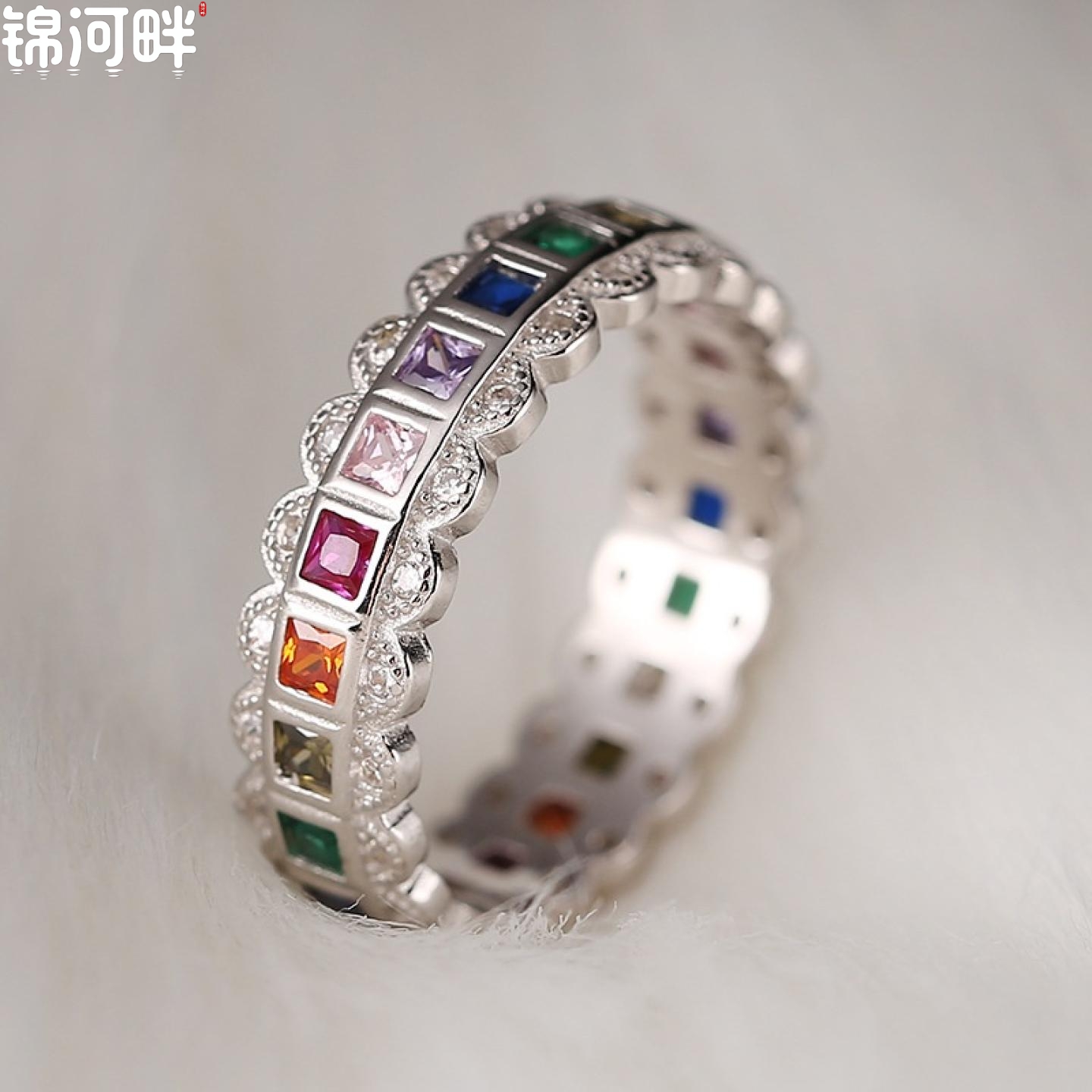 锦河畔 s925纯银蕾丝彩虹锆石戒指女轻奢小众设计精致高级冷淡风